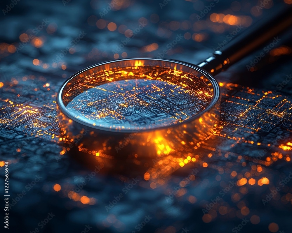 Poster magnifying glass hovering over document zooming in on intricate business data and trends with glowin