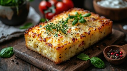 Baked cheesy pasta casserole on wooden board.