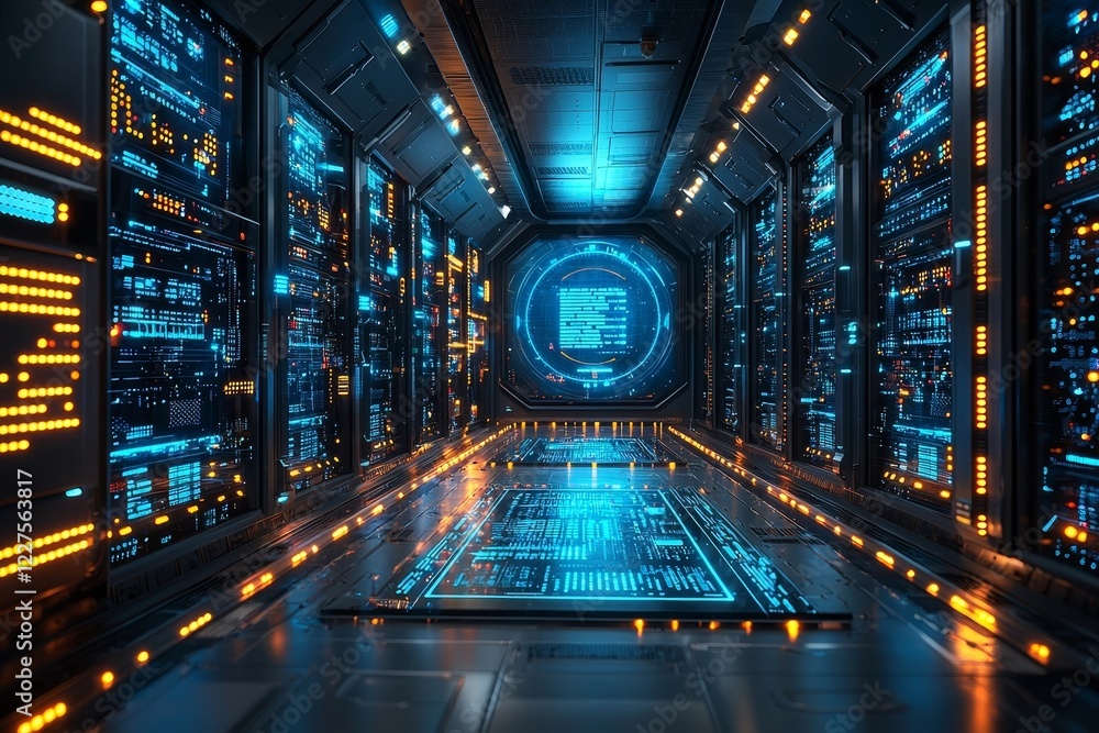 Poster futuristic data server room with holographic analytics display for business insights