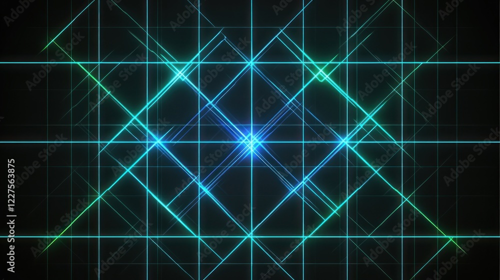 Poster a dark grid pattern background with glowing blue lines and a center light effect
