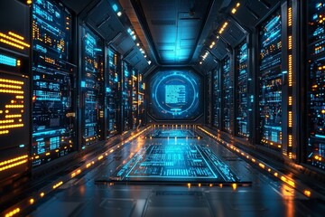 Futuristic Data Server Room with Holographic Analytics Display for Business Insights