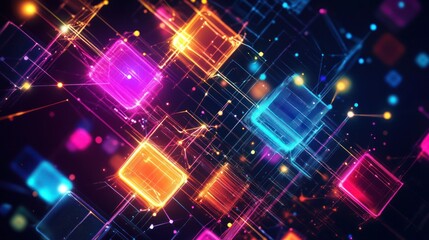 Obraz premium Colorful glowing blocks and lines on dark background, technology and data design for use in digital projects