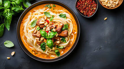 Eliche Pasta in Panang Curry Sauce with Crispy Pork, Basil, and Crushed Peanuts