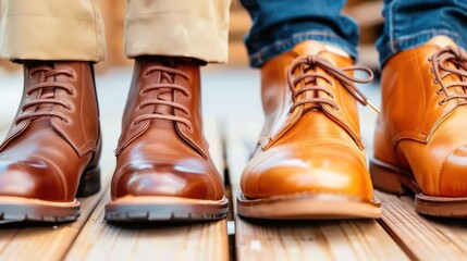 A close-up view of stylish leather shoes resting on a wooden surface, highlighting the elegant designs and rich textures of men’s footwear.