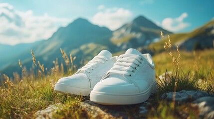 A pair of sneakers placed on a grassy field with a backdrop of mountains and a clear sky.