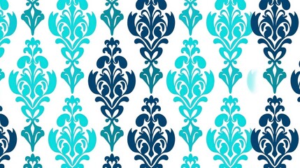 Elegant Blue and Aqua Floral Damask Pattern on White Background