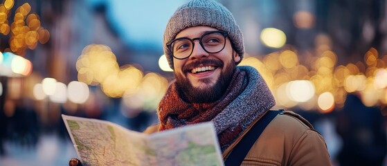 Man exploring a city with a map in hand, smiling amidst urban lights, enjoying travel and adventure, planning his route for a memorable trip experience.