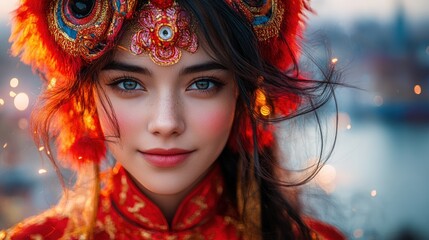 Fototapeta premium Asian woman, red headdress, harbor sunset, fantasy portrait