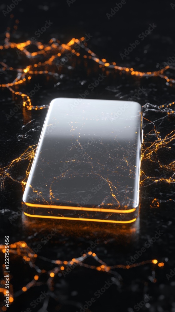 Poster 3d render of an elegant smartphone, glowing in gold and silver with a black marble background, featu