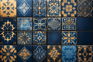 Intricate Moroccan tile patterns in rich blues and golds 