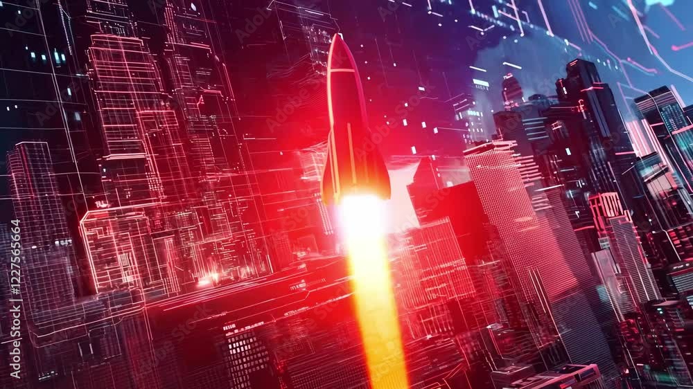 Poster a rocket soars above a vibrant city, merging digital elements with futuristic architecture in a thri