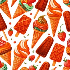 Seamless pattern of ice cream and strawberry desserts in a cute cartoon style suitable for cards, wallpaper, clothing, textiles and products.
