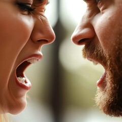 Obraz premium A tense confrontation between a man and a woman, both shouting passionately, capturing raw emotions and conflict.