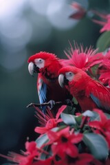 Obraz premium Colorful Parrot: A pair of brightly colored parrots perched on a tree branch in a tropical rainforest.
