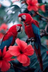 Fototapeta premium Colorful Parrot: A pair of brightly colored parrots perched on a tree branch in a tropical rainforest.