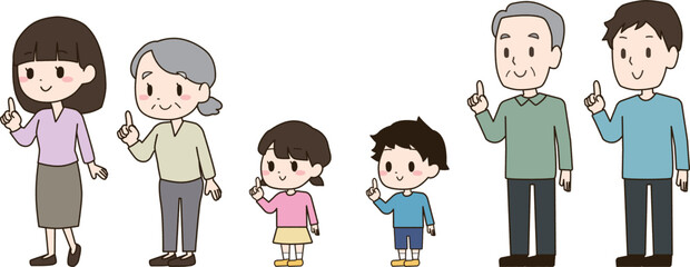 人差し指を立ててポイントのポーズをする三世代の女性,男性,女の子,男の子,高齢男性,高齢女性