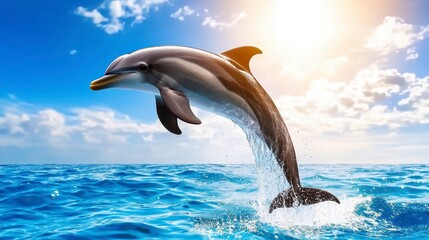 Fototapeta premium Dolphin Leaping Above Ocean Surface Under Bright Sky and Sun