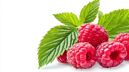 Fresh Raspberries and Green Leaves on White Background