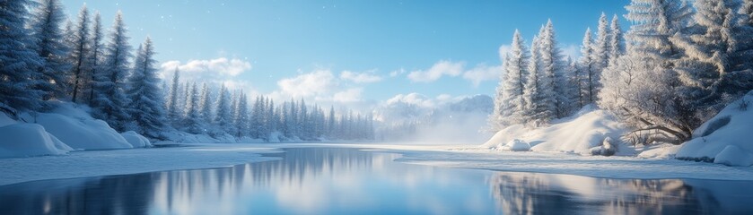 Fototapeta premium Serene winter landscape with snow-covered trees and a peaceful river reflection.