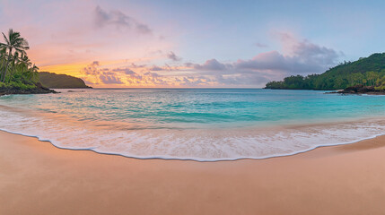 Obraz premium Panoramic Tropical Beach: Serenity at Sunrise