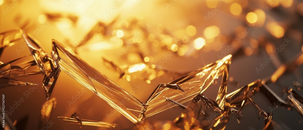 Poster glass shards and reflections illuminated by warm sunset light in a sparkling abstract composition, c