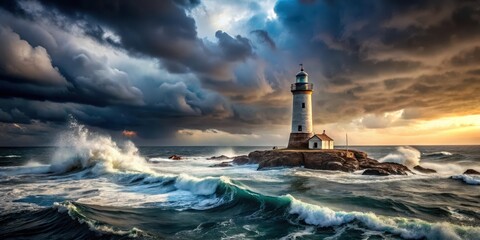 Fototapeta premium Stormy Seascape Lighthouse, isolated outpost, dramatic lighting