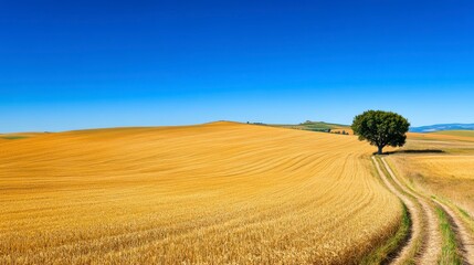 Fototapeta premium Serene Golden Wheat Field Under Clear Blue Sky with Lonesome Tree