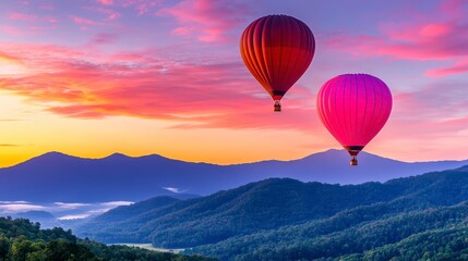 Fototapeta premium Colorful Hot Air Balloons Floating Over Scenic Mountain Landscape