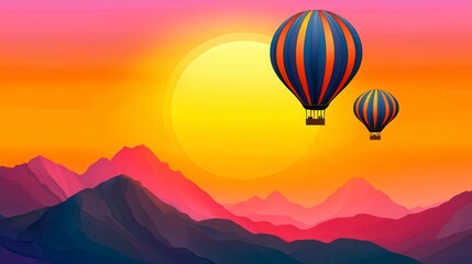 Colorful Hot Air Balloons Over Majestic Mountains at Sunrise