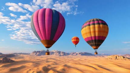 Fototapeta premium Colorful Hot Air Balloons Flying Over Sandy Desert Landscape