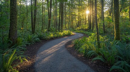 Obraz premium A serene forest trail winding through a lush green national park, with tall trees and sunlight filtering through the canopy. The path is empty, inviting visitors to explore nature.