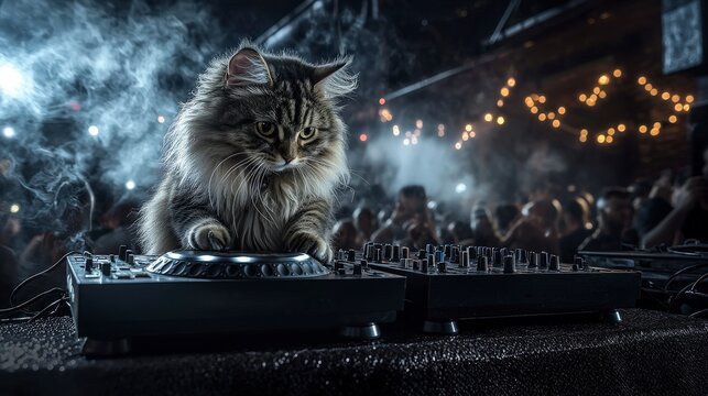 Party vibes fluffy cat djing at nightclub captivating photo lively atmosphere unique perspective