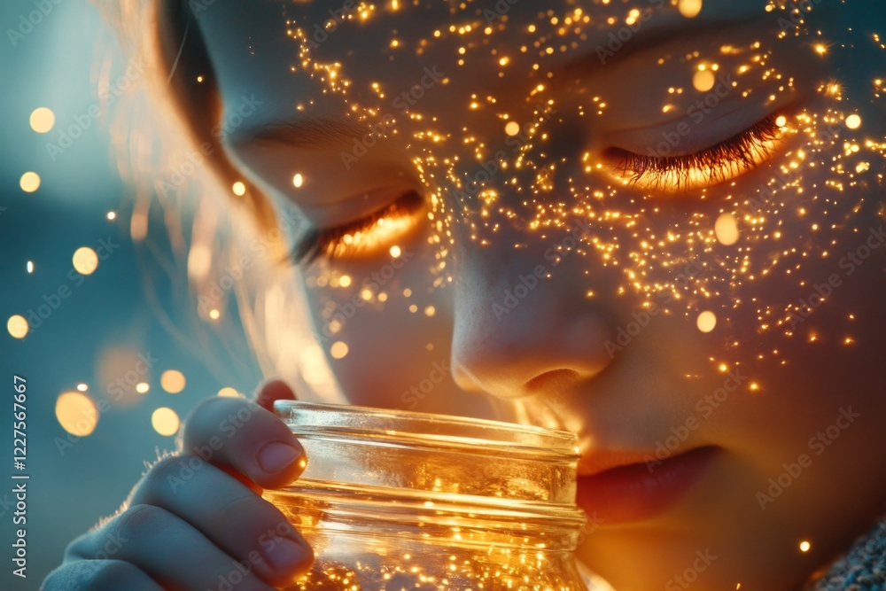 Poster a child observing fireflies in a jar during twilight, their face lit by the tiny glowing insects