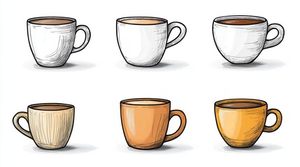 Collection of Hand-Drawn Coffee Cups in Various Colors and Styles