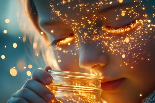 A child observing fireflies in a jar during twilight, their face lit by the tiny glowing insects