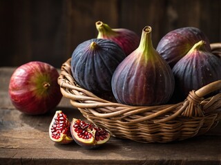 Fototapeta premium Fresh Organically Grown Figs in Rustic Basket on Wooden Background