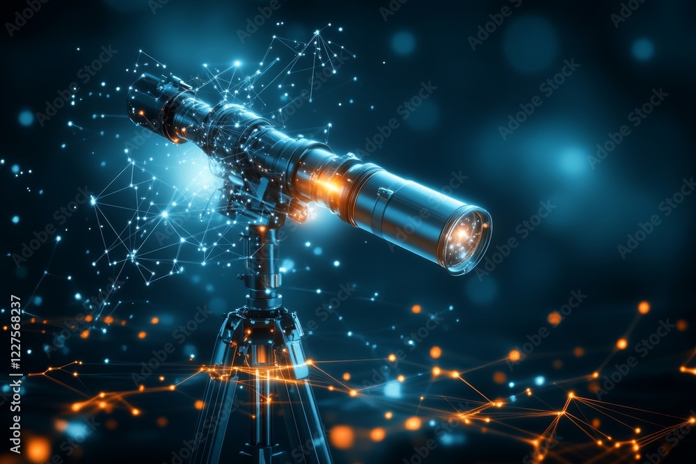 Poster A clean design of a telescope pointing toward the stars, surrounded by abstract patterns of constellations