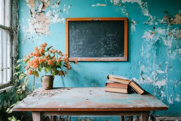 A classroom in a derelict school, with desks and chalkboards covered in dust, evoking memories of its former bustling activity