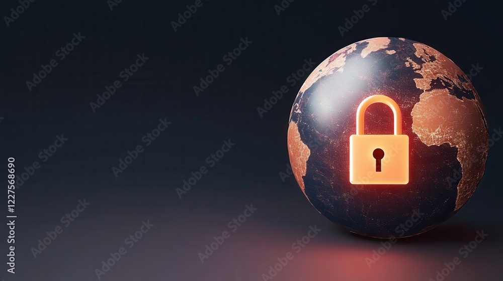 Poster secure lock symbol on globe representing global cybersecurity concern