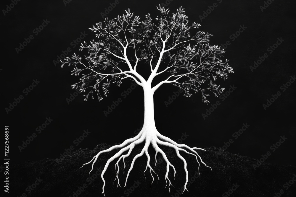 Poster a clean geometric representation of a tree with branches extending seamlessly into roots, symbolizin
