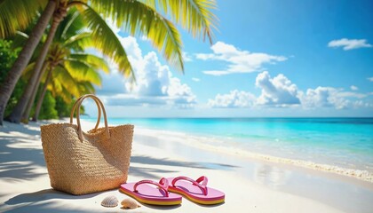 Sunny tropical beach with straw bag, flip-flops, and seashells on soft sand