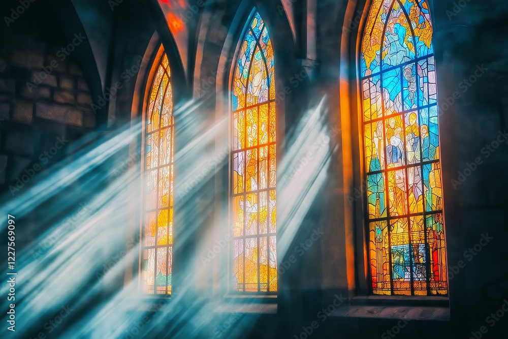 Poster soft light rays filtering through an old cathedral's stained-glass windows