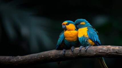 Obraz premium Colorful Parrot: A pair of brightly colored parrots perched on a tree branch in a tropical rainforest.