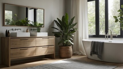 Clean and nature Interior concept of bathroom with bathtub, curtain and big window. Ai Generative.