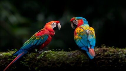 Obraz premium Colorful Parrot: A pair of brightly colored parrots perched on a tree branch in a tropical rainforest.