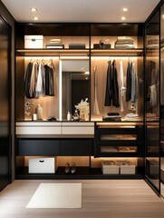 Modern organized closet with stylish clothing and accessories.