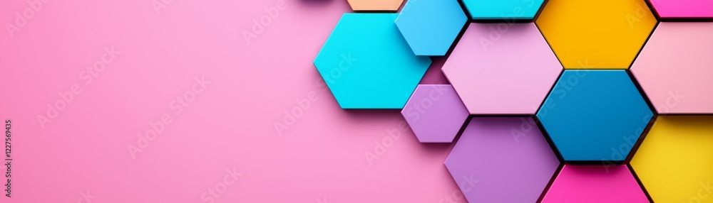 Poster a vibrant arrangement of hexagonal shapes in various colors on a pink background, creating a modern 