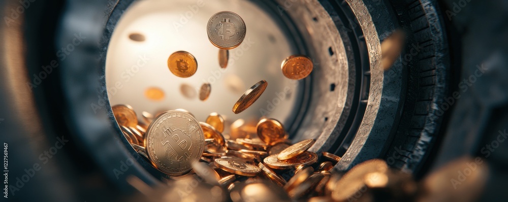 Poster a close-up view of coins cascading down a tube, creating a sense of movement and abundance, with a b