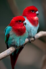 Obraz premium Colorful Parrot: A pair of brightly colored parrots perched on a tree branch in a tropical rainforest.