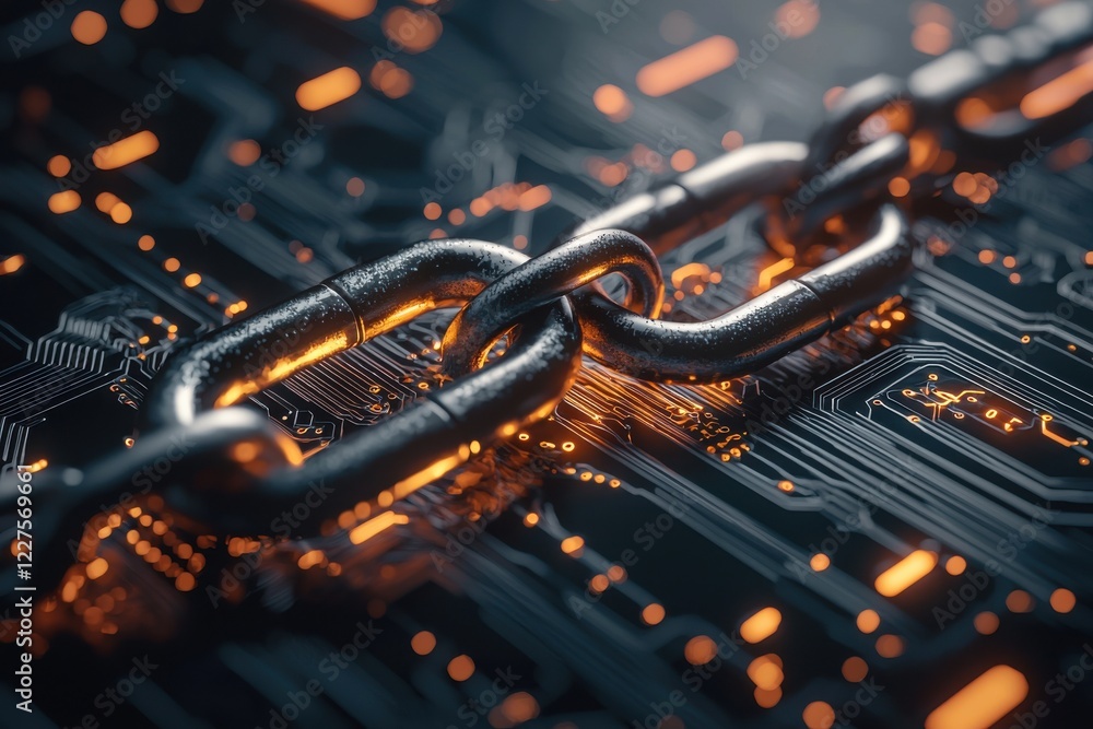 Poster a close-up of a metallic chain against a backdrop of glowing circuitry, symbolizing connection and t